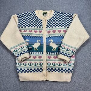 Vintage Ducks Wool Sweater Sz L 100% Wool Crewneck Button Up The Lady's Champ